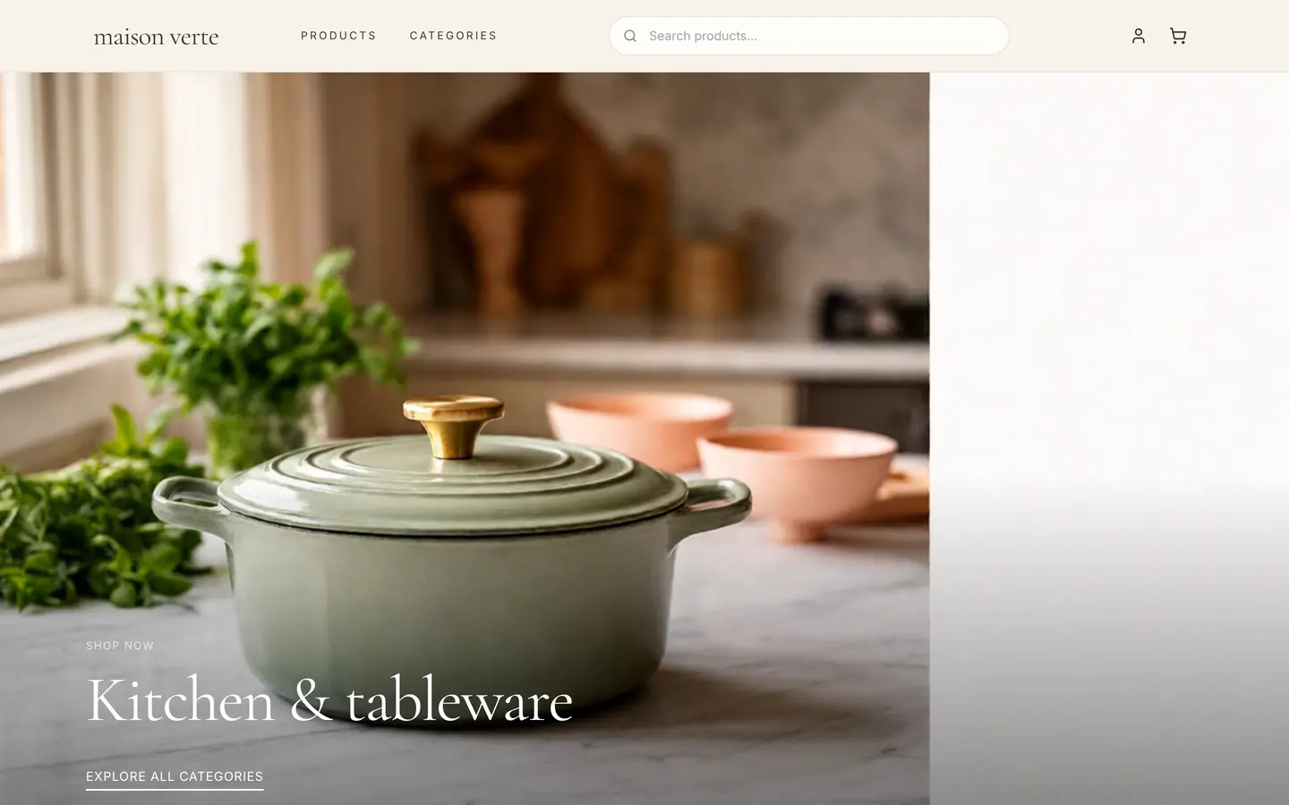 Maison Verte storefront homepage — a green enamel casserole dish on a marble counter, with the headline Kitchen & tableware